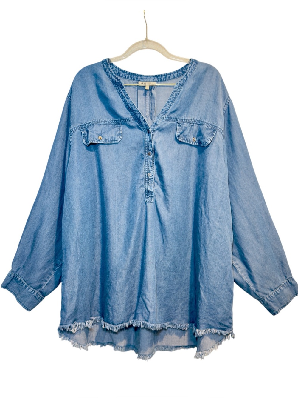 Hester & Orchard Womens 2X Light Blue‎ Tencel Chambray Frayed Hem Tunic Blouse